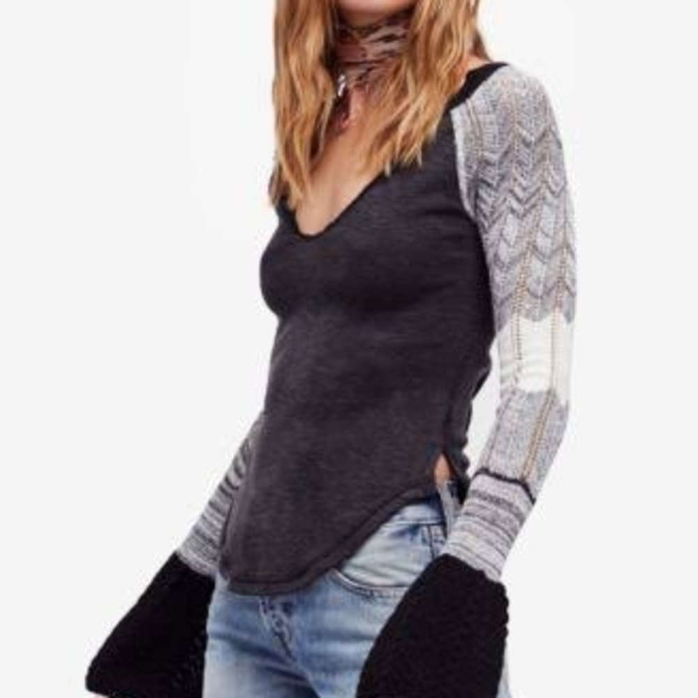 NWT Free People Black and Gray Bell-Sleeve Thermal Sweater